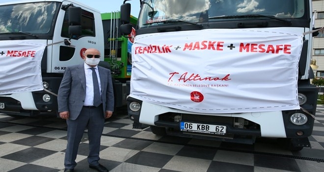 KEÇİÖREN´DE ÇÖP KAMYONLARINA ?TEMİZLİK, MASKE VE MESAFE? VURGULU MASKE TAKILDI
