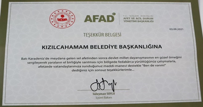 Bakan Soylu´dan Kızılcahamam Belediye  Başkanlığı´na teşekkür belgesi