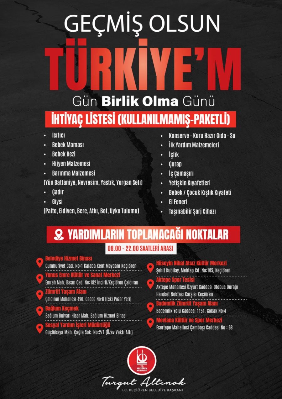KEÇİÖREN BELEDİYESİNDEN  DEPREM BÖLGESİNE DESTEK 